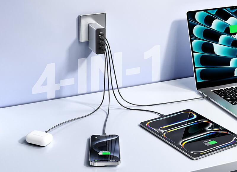 The USB-C charger charges laptops, tablets, and phones