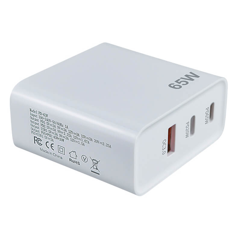 65W PD3.0 GaN Fast Charger 2 USB C and USB A White Color