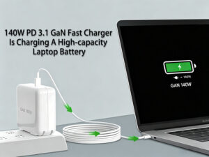 A 140W PD 3.1 GaN fast charger is charging a high capacity laptop battery