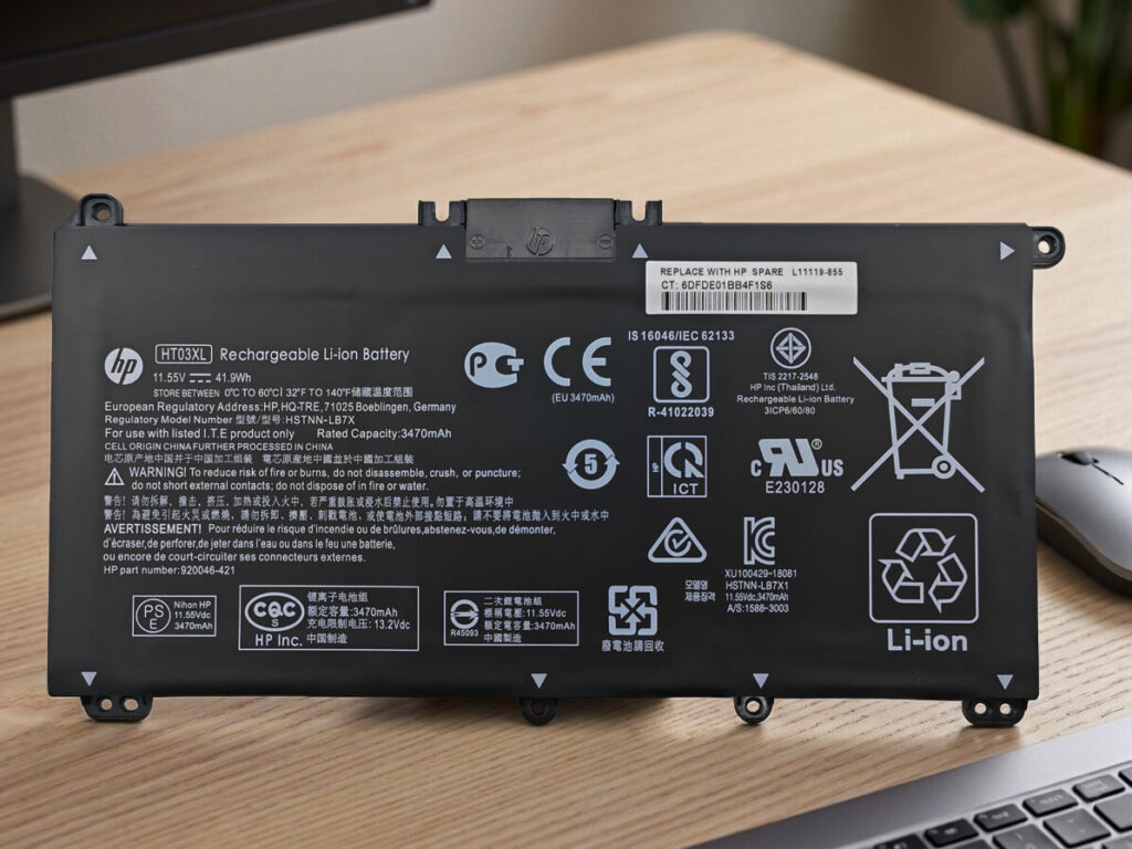 HP HT03XL laptop battery displayed on a desktop