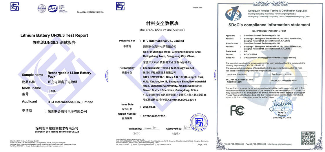 UN38.3&MSDS&FCC Certifications