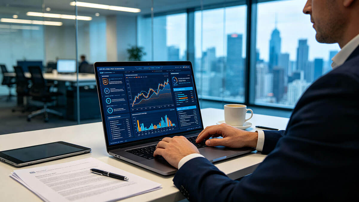 Business professional using an AI PC for advanced productivity tasks and real time data analysis.