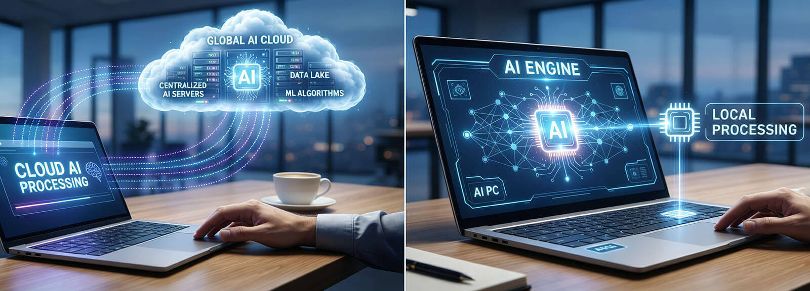 Comparison diagram between cloud computing and local edge AI processing on modern laptops