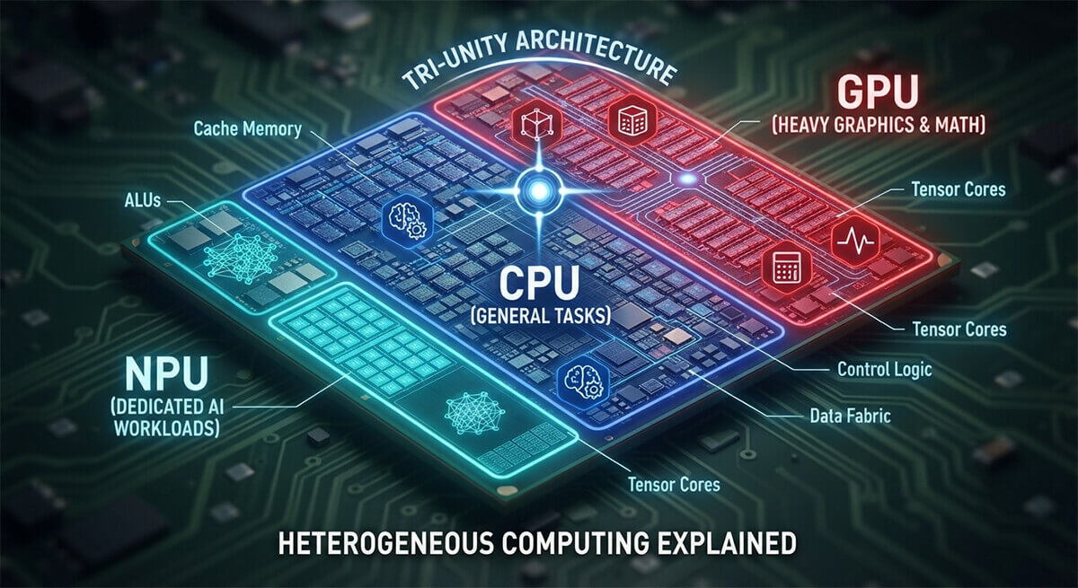 Diagram showing the heterogeneous computing architecture of an AI PC featuring CPU, GPU, and dedicated NPU