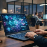Modern AI PC laptop displaying artificial intelligence neural networks representing edge computing