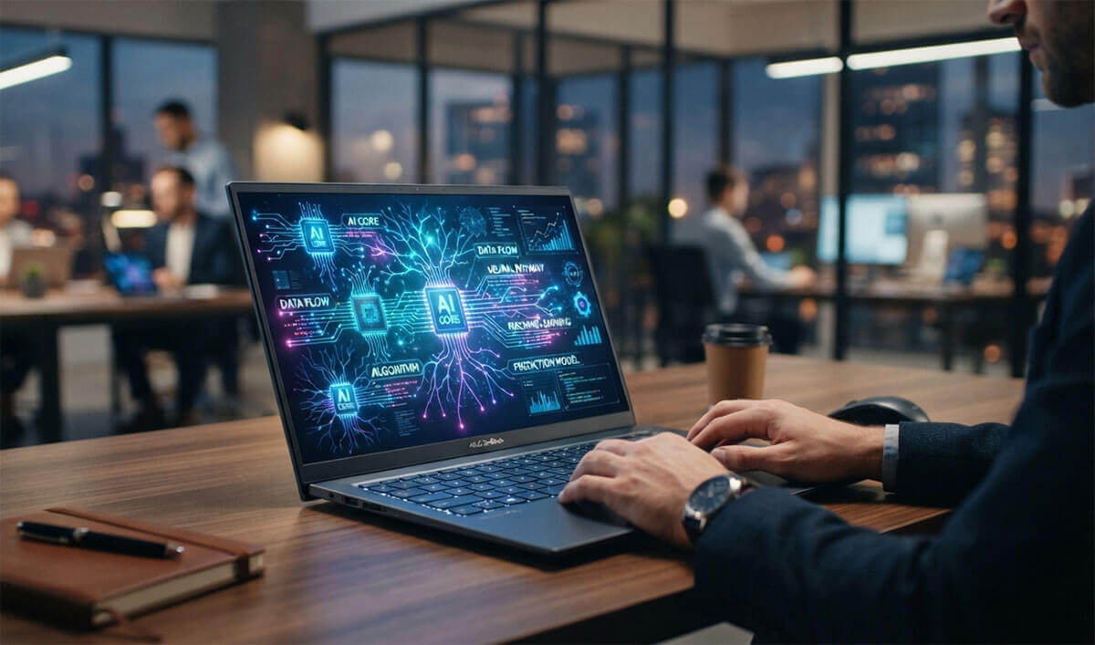 Modern AI PC laptop displaying artificial intelligence neural networks representing edge computing